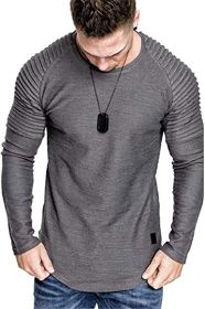 Men' s Long Sleeve Casual Shirts Solid Color Casual Top Stitching Stylish Dress Round Neck Slim Fit Male Shirts (Color: Grey, size: XXL)