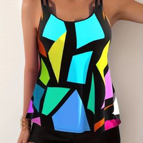 Geometric Pattern Multicolored Tankini Sets, Round Neck Boxer Short Bottom Two Pieces Swimsuit, Women's Swimwear & Clothing (Color: Yellow, size: XXL(14))